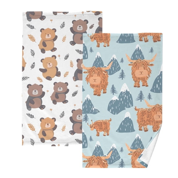 Ryvnso 2 PCs Hand Towels Sets Cartoon Bear Cotton Face Towel highland Cow and Mountains