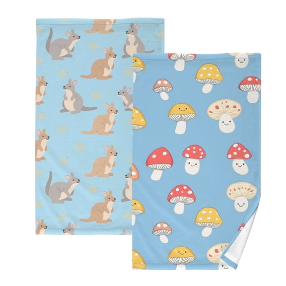 Ryvnso 2 PCs Hand Towels Sets Cartoon Kangaroo Blue Cotton Face Towel cute Mushrooms-b1