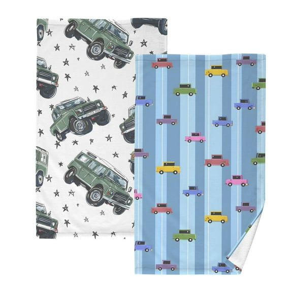 Ryvnso 2 PCs Hand Towels Sets Cartoon Trucks Vehicle-t6 Cotton Face Towel cartoon Cars on Stripes