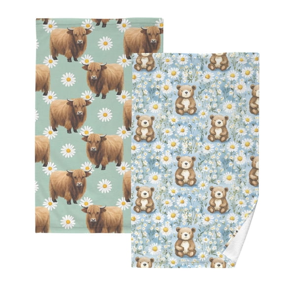 Ryvnso 2 PCs Hand Towels Sets Cute Highland Cattle Cotton Face Towel daisy Flower Bear