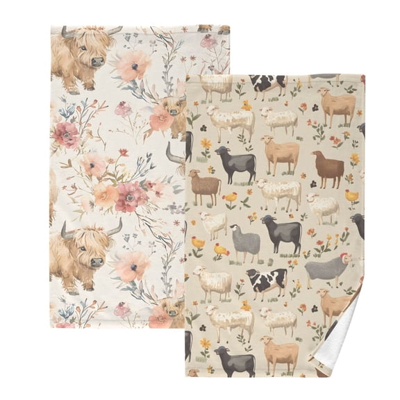 Ryvnso 2 PCs Hand Towels Sets Cute Highland Cows Cotton Face Towel farm Animals Sheeps