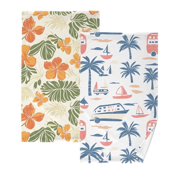 Ryvnso 2 PCs Hand Towels Sets Flower Tropical Leaf Cotton Face Towel palm Tree Bus