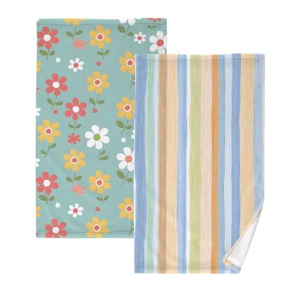 Ryvnso 2 PCs Hand Towels Sets Flowers Hand Draw Cotton Face Towel stripe Light
