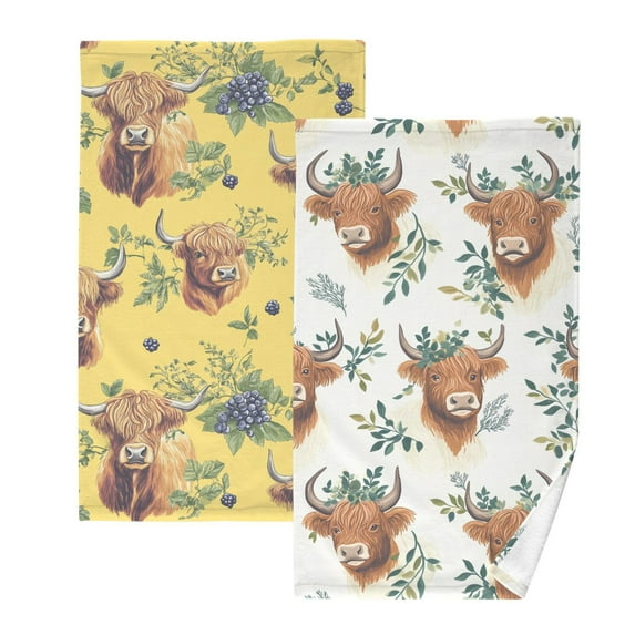 Ryvnso 2 PCs Hand Towels Sets Highland Cattle Blueberry Cotton Face Towel highland Cattle Leaves-h1