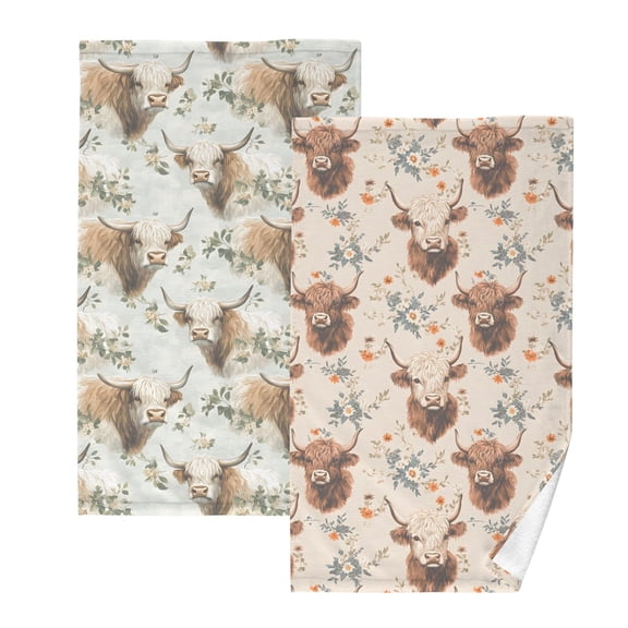 Ryvnso 2 PCs Hand Towels Sets Highland Cattle Cotton Face Towel highland Cattle Floral