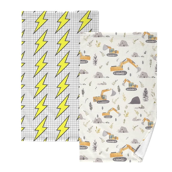 Ryvnso 2 PCs Hand Towels Sets Retro Yellow Lightning Cotton Face Towel cartoon Excavator
