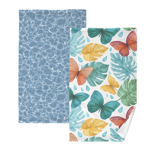 Ryvnso 2 PCs Hand Towels Sets Texture Blue Cotton Face Towel butterfly Palm Leaves