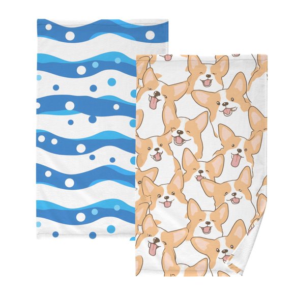 Ryvnso 2 PCs Hand Towels Sets Wave Lines Dots Cotton Face Towel doodle Corgi Dogs