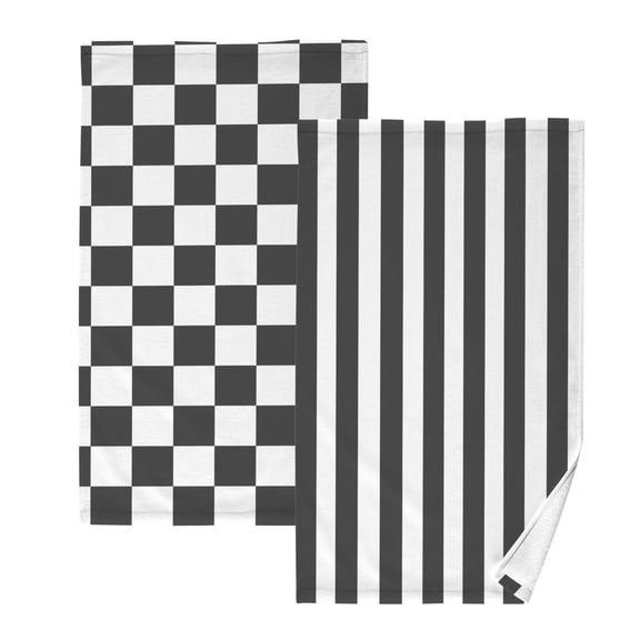 Ryvnso 2 PCs Hand Towels Sets White and Black Checkered Grid Art Pattern Cotton Face Towel white and Black Stripe Pattern