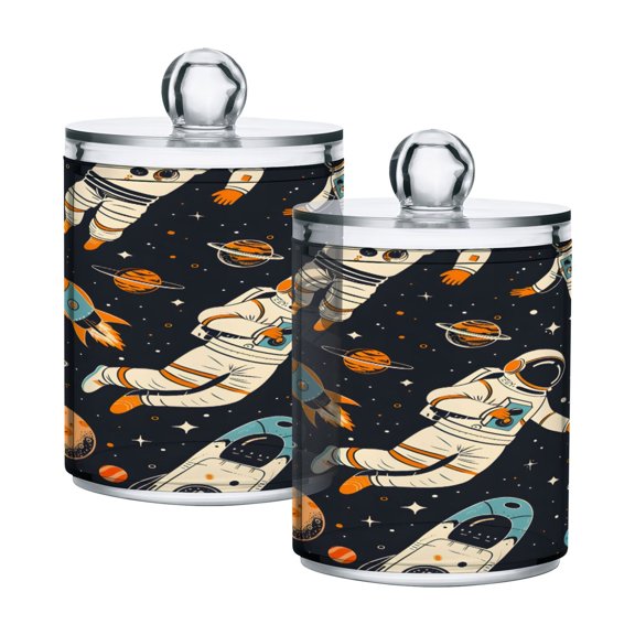 Ryvnso 2 Pack Qtip Holder Organizer Astronauts Space Universe Planets Bathroom Cotton Swabs Cans Storage Canister