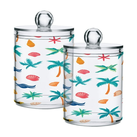 Ryvnso 2 Pack Qtip Holder Organizer Beach Palm Trees Bathroom Cotton Swabs Cans Storage Canister