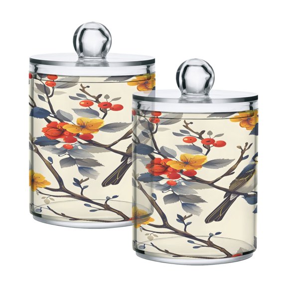 Ryvnso 2 Pack Qtip Holder Organizer Birds on Tree Pattern Bathroom Cotton Swabs Cans Storage Canister
