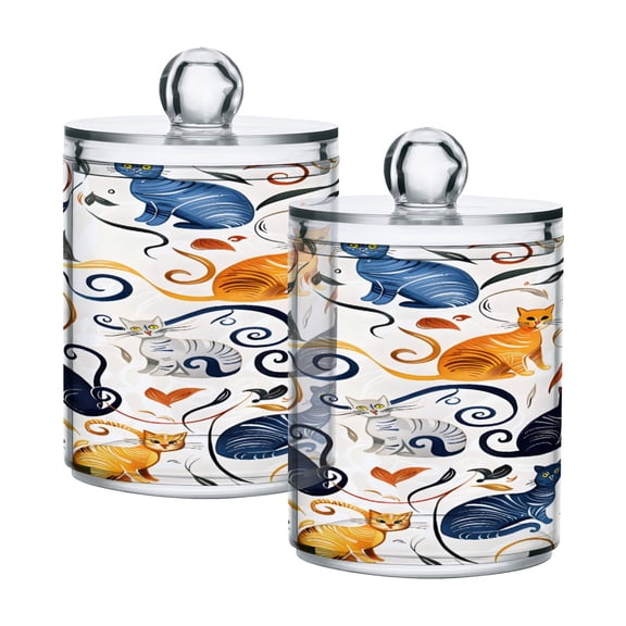 Ryvnso 2 Pack Qtip Holder Organizer Cute Doodle Cat Bathroom Cotton Swabs Cans Storage Canister