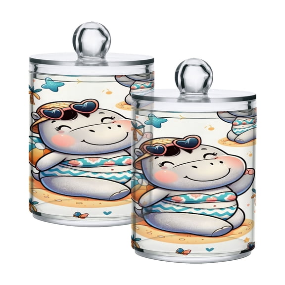 Ryvnso 2 Pack Qtip Holder Organizer Cute Hippo on Beach Bathroom Cotton Swabs Cans Storage Canister