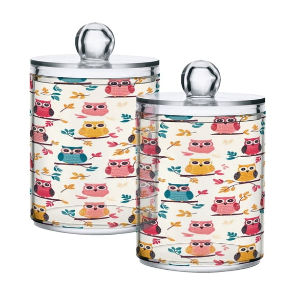 Ryvnso 2 Pack Qtip Holder Organizer Cute Owls with Leaves Bathroom Cotton Swabs Cans Storage Canister