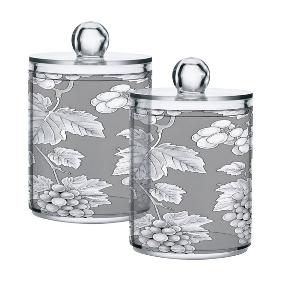 Ryvnso 2 Pack Qtip Holder Organizer Grape Pattern on Gray Bathroom Cotton Swabs Cans Storage Canister