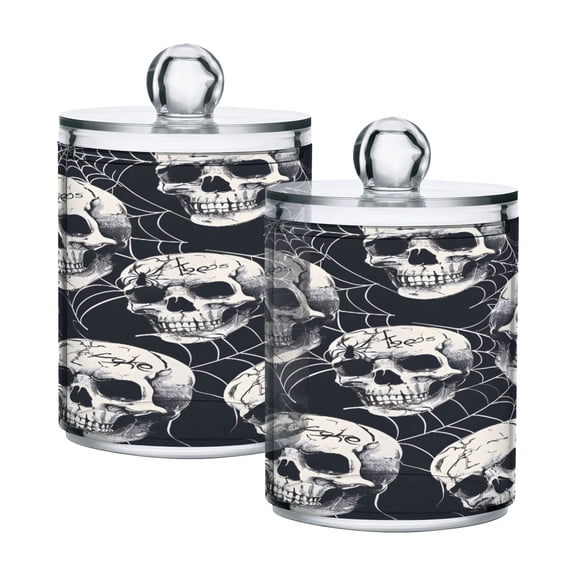 Ryvnso 2 Pack Qtip Holder Organizer Halloween Skulls Bathroom Cotton Swabs Cans Storage Canister