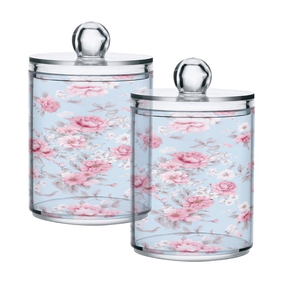 Ryvnso 2 Pack Qtip Holder Organizer Pink Flowers Floral Bathroom Cotton Swabs Cans Storage Canister