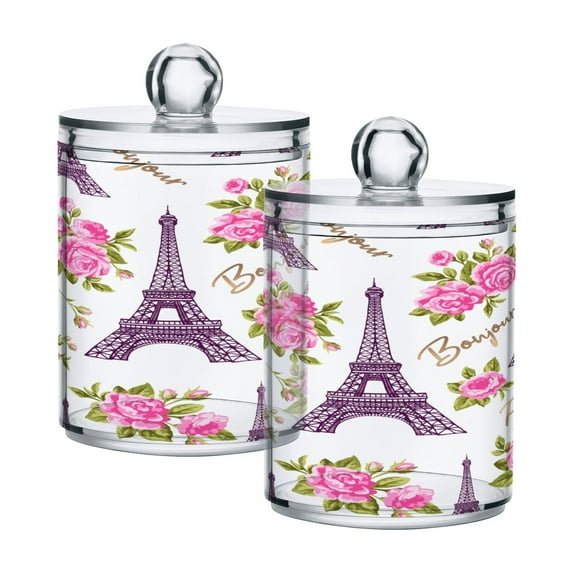 Ryvnso 2 Pack Qtip Holder Organizer Rose Flowers and Towers Bathroom Cotton Swabs Cans Storage Canister