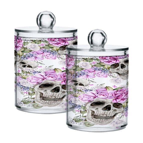 Ryvnso 2 Pack Qtip Holder Organizer Skull Flowers Peony and Roses Bathroom Cotton Swabs Cans Storage Canister