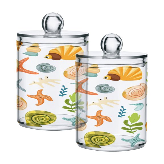 Ryvnso 2 Pack Qtip Holder Organizer Starfish Snails Conch Bathroom Cotton Swabs Cans Storage Canister