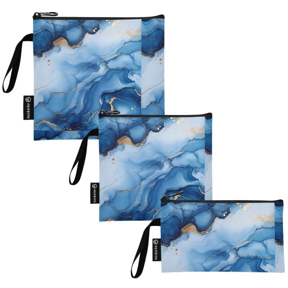 Ryvnso 3 Pack Reusable Snack Bags Sandwich Storage Pouches Washable Lunch Bag Blue Golden Marble