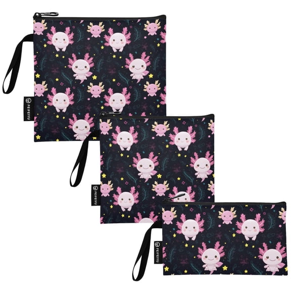 Ryvnso 3 Pack Reusable Snack Bags Sandwich Storage Pouches Washable Lunch Bag Cartoon Axolotl Stars