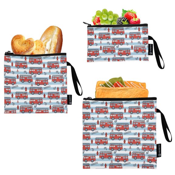 Ryvnso 3 Pack Reusable Snack Bags Sandwich Storage Pouches Washable Lunch Bag Cartoon Fire Truck