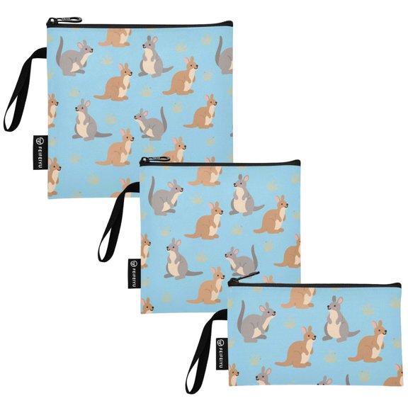 Ryvnso 3 Pack Reusable Snack Bags Sandwich Storage Pouches Washable Lunch Bag Cartoon Kangaroo Blue