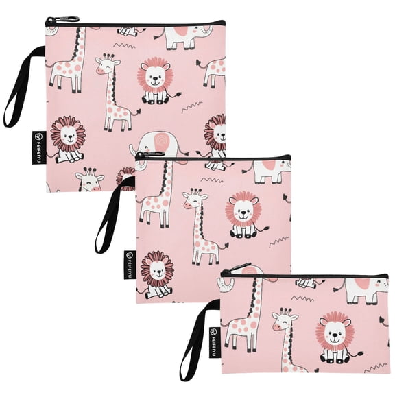 Ryvnso 3 Pack Reusable Snack Bags Sandwich Storage Pouches Washable Lunch Bag Cartoon Lion Giraffe Elephant