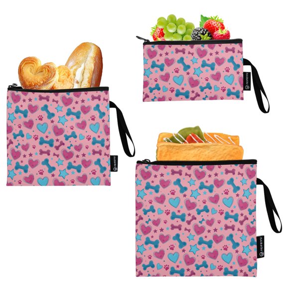 Ryvnso 3 Pack Reusable Snack Bags Sandwich Storage Pouches Washable Lunch Bag Love Bones Stars
