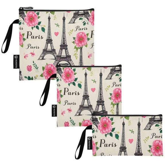 Ryvnso 3 Pack Reusable Snack Bags Sandwich Storage Pouches Washable Lunch Bag Paris Tower Flowers