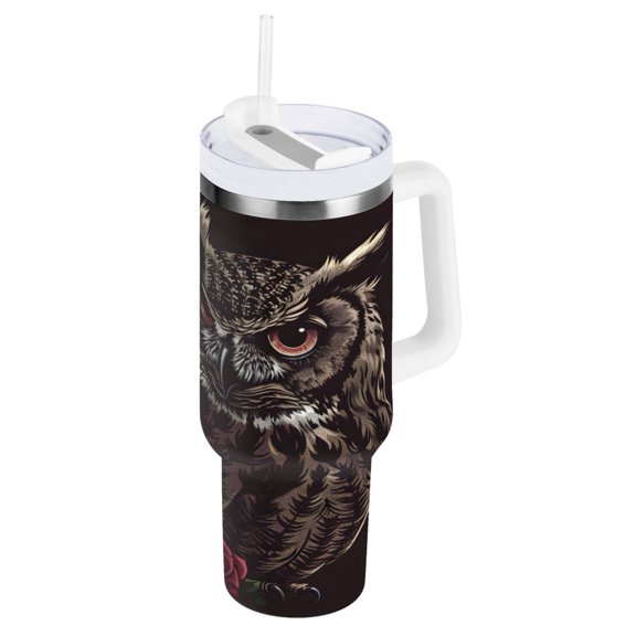 Ryvnso 30 oz Tumbler with Handle and Straw Insulated Stainless Steel Travel Mug with Lid Owl Flowers Skull