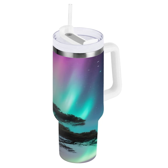 Ryvnso 30 oz Tumbler with Handle and Straw Insulated Stainless Steel Travel Mug with Lid Tree Night