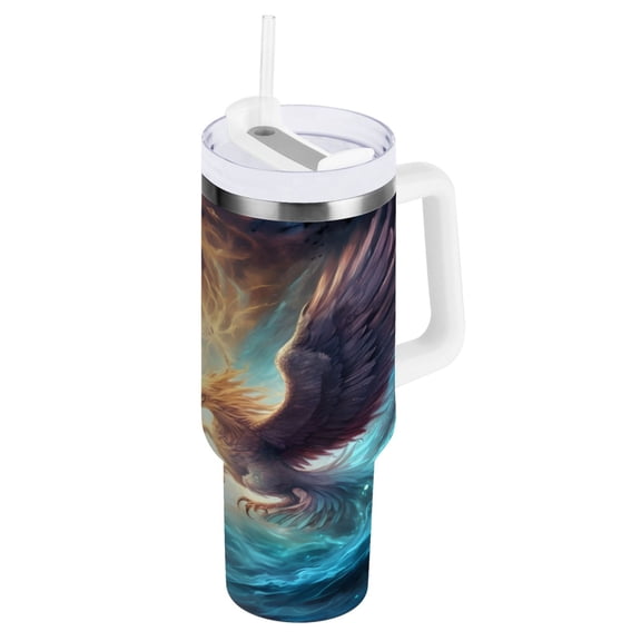 Ryvnso 30 oz Tumbler with Handle and Straw Insulated Stainless Steel Travel Mug with Lid Two Phoenix Flying