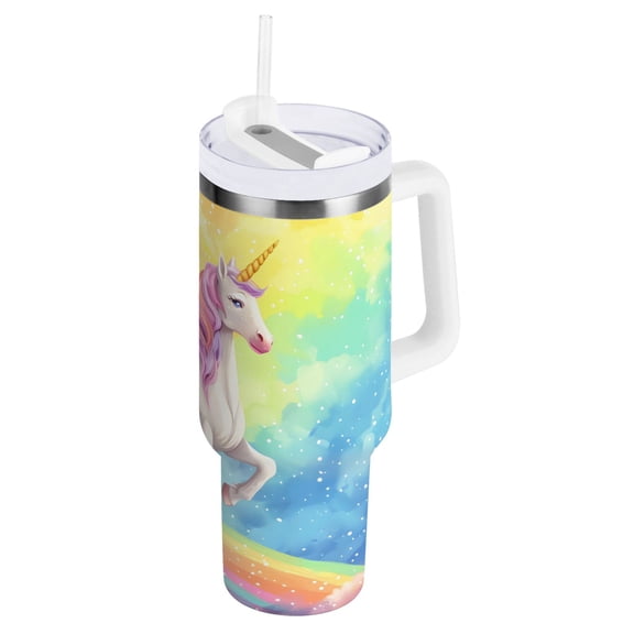 Ryvnso 30 oz Tumbler with Handle and Straw Insulated Stainless Steel Travel Mug with Lid Unicorn Standing on Rainbow