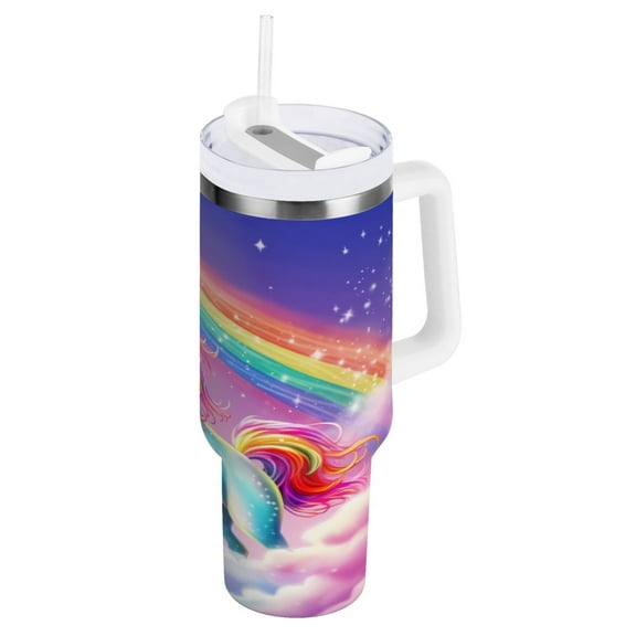 Ryvnso 30 oz Tumbler with Handle and Straw Insulated Stainless Steel Travel Mug with Lid Unicorn in Rainbow Sky