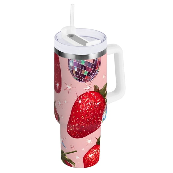 Ryvnso 30 oz Tumbler with Handle and Straw Strawberry Sparkling Disco Balls Insulated Stainless Steel Travel Mug with Lid