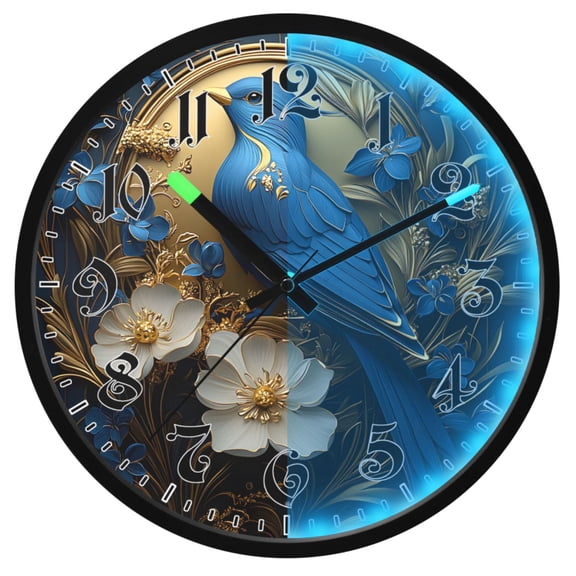 Ryvnso 3d Bird Blue Flower 12 Inch Night Light Wall Clock Luminous Silent Battery Operate Clocks