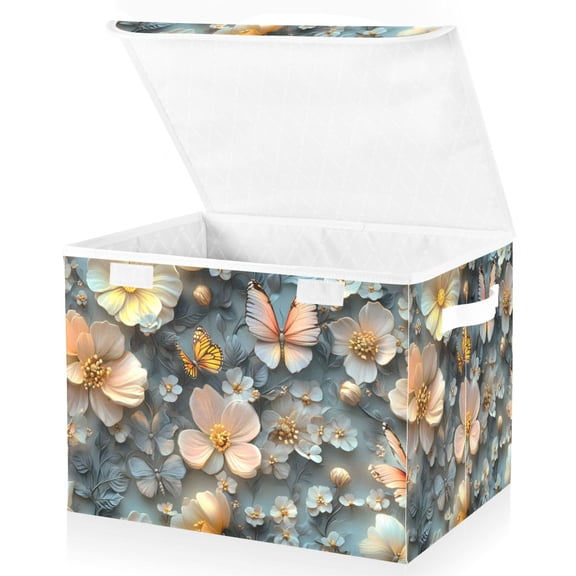 Ryvnso 3d Flower Pattern Large Lidded Foldable Storage Baskets Cubes Boxes Lids Bin for Home