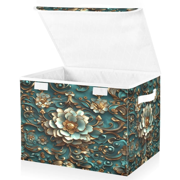 Ryvnso 3d Flower Pattern Large Lidded Foldable Storage Baskets Cubes Boxes Lids Bin for Home