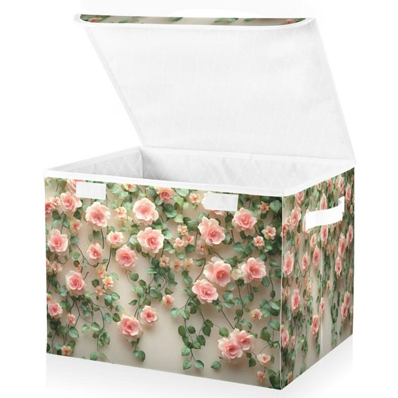 Ryvnso 3d Flower Roses Large Lidded Foldable Storage Baskets Cubes Boxes Lids Bin for Home