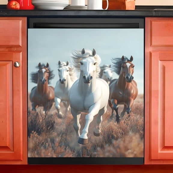 Ryvnso 3d Horses Running Dishwasher Magnetic Refrigerator Magnet Cover Kitchen Home Decorative 23"x26"