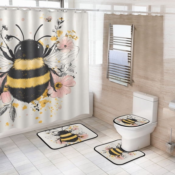 Ryvnso 4 Pcs A Bee with Flower Bathroom Shower Curtain Set with 12 Hooks Bath Mat Toilet Lid Cover