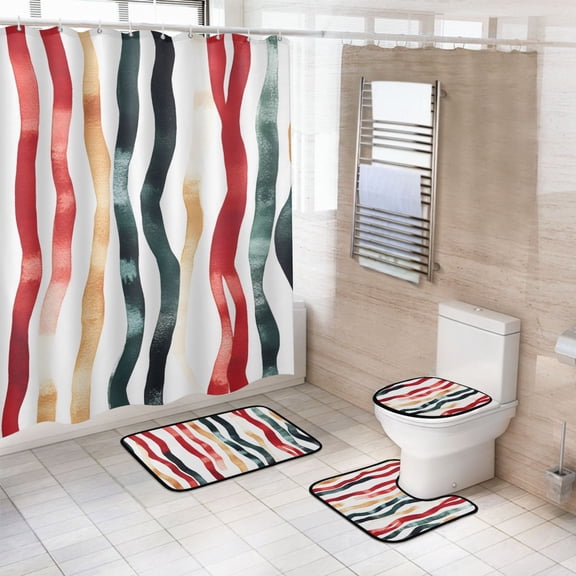 Ryvnso 4 Pcs Art Stripes Bathroom Shower Curtain Set with 12 Hooks Bath Mat Toilet Lid Cover