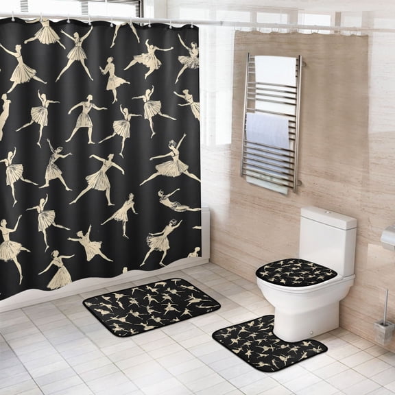 Ryvnso 4 Pcs Ballet Dancers Bathroom Shower Curtain Set with 12 Hooks Bath Mat Toilet Lid Cover