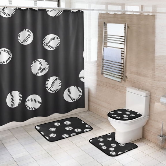 Ryvnso 4 Pcs Baseball Pattern Bathroom Shower Curtain Set with 12 Hooks Bath Mat Toilet Lid Cover