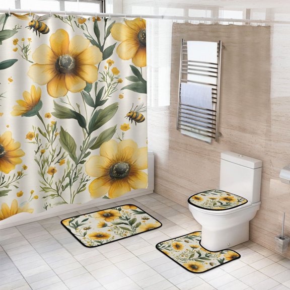 Ryvnso 4 Pcs Bees and Flower Bathroom Shower Curtain Set with 12 Hooks Bath Mat Toilet Lid Cover