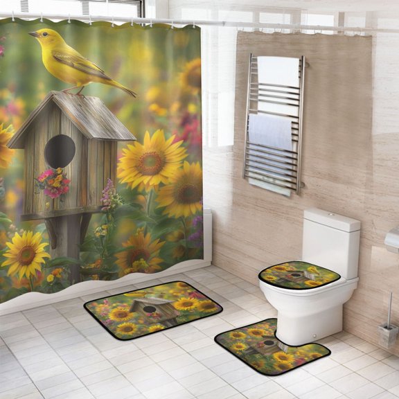 Ryvnso 4 Pcs Bird Sunflower Garden Bathroom Shower Curtain Set with 12 Hooks Bath Mat Toilet Lid Cover
