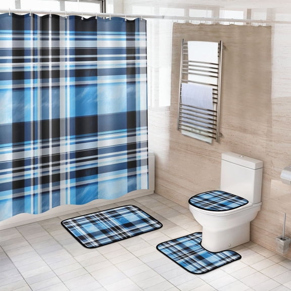 Ryvnso 4 Pcs Blue Checkered Grid Pattern Bathroom Shower Curtain Set with 12 Hooks Bath Mat Toilet Lid Cover